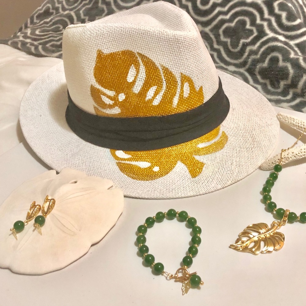 Panama Hat - Hand painted Gold Monstera Leaf